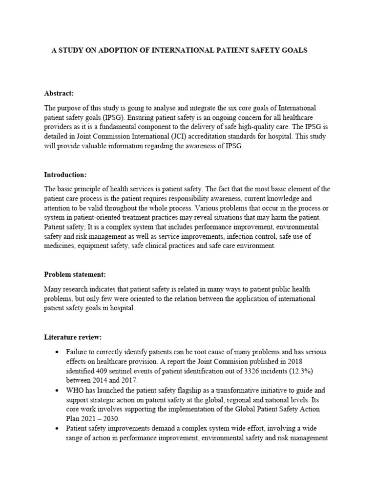 A Study On Adoption of International Patient Safety Goals | PDF ...