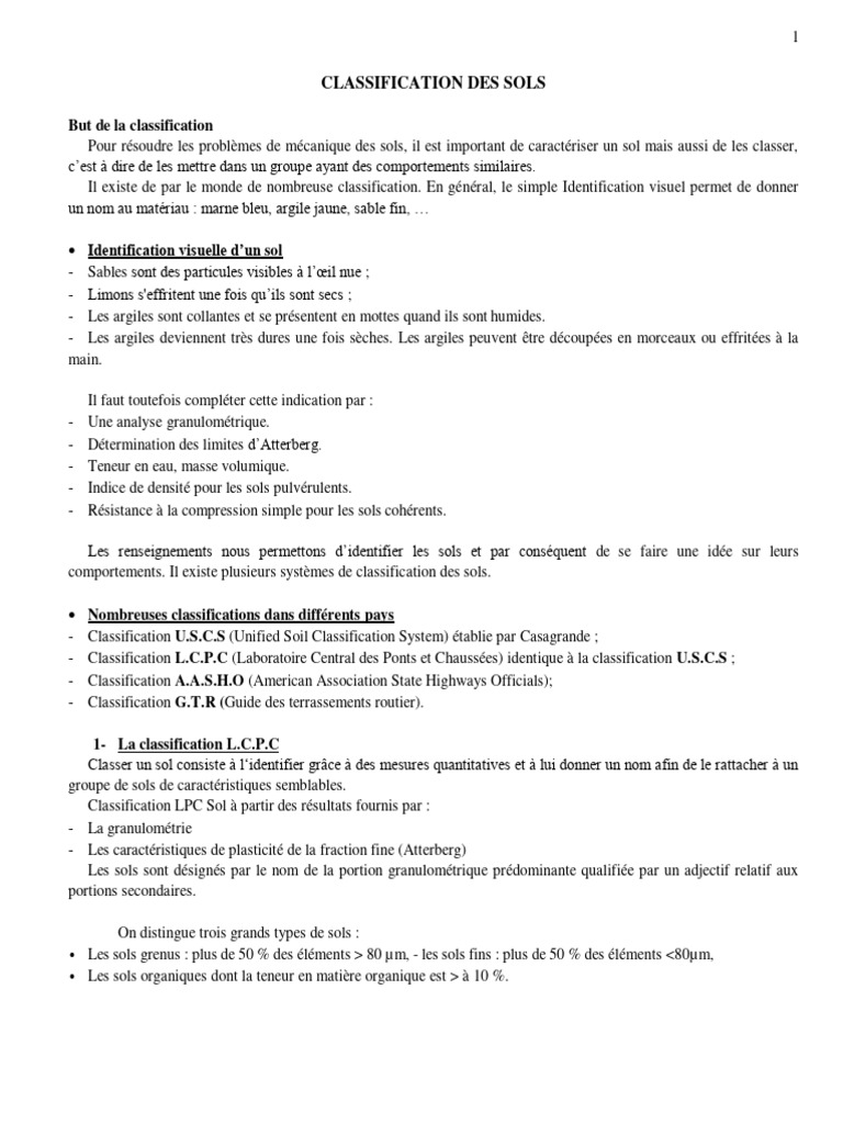Classification des sols selon LCPC et GTR | PDF | Sol (pédologie ...
