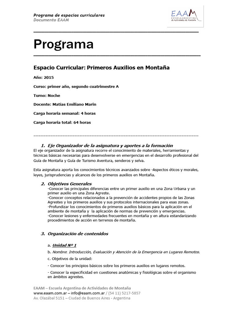 Primeros Auxilios en Montaña: Programa EAAM | PDF | Lesión | Primeros ...