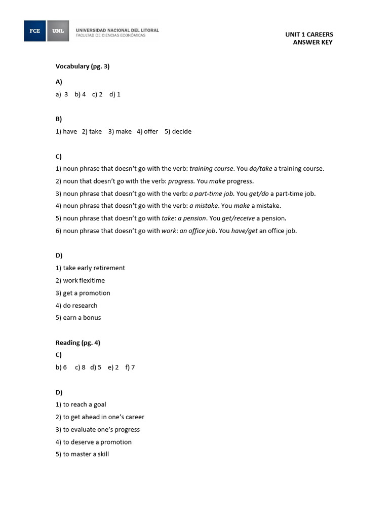 Unit 1 Careers Answer Key Download Free PDF Verb Linguistics