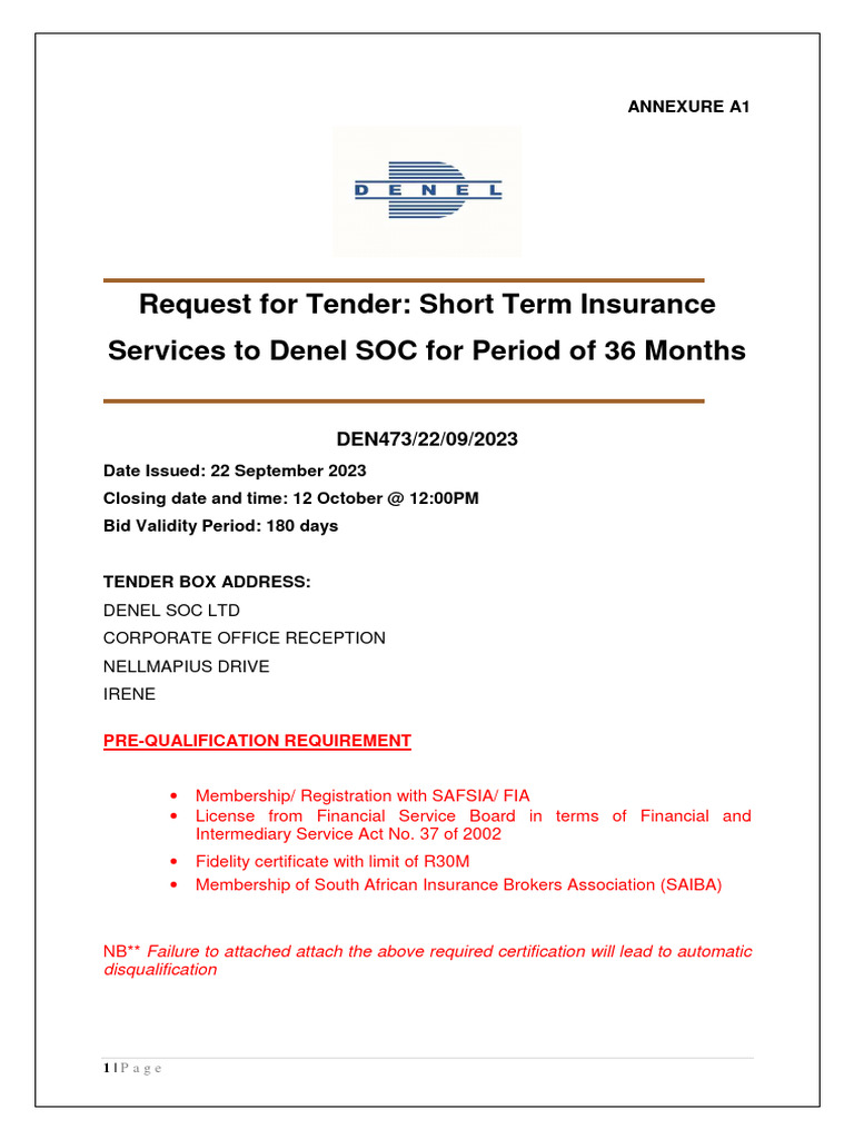 Denel Short Term Insurance Tender RFT | PDF | Insurance | Underwriting