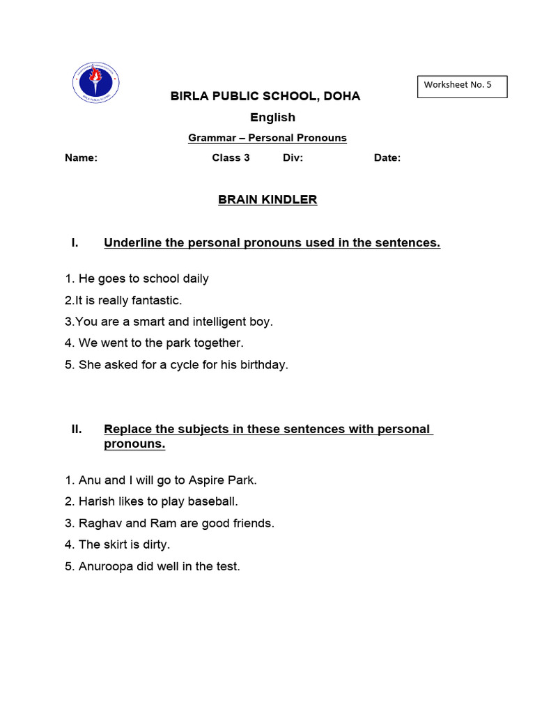 Personal Pronouns Worksheet For Class 3 Pdf