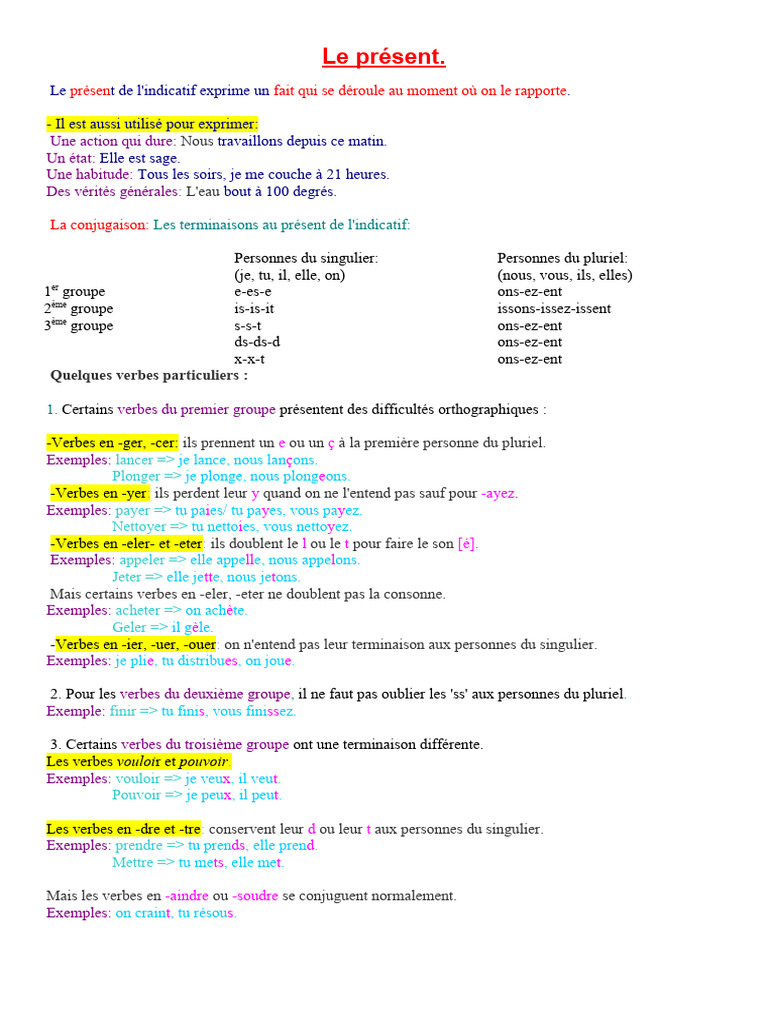 Le Présent de l'Indicatif en Français | PDF | Verbe | Nombre grammatical