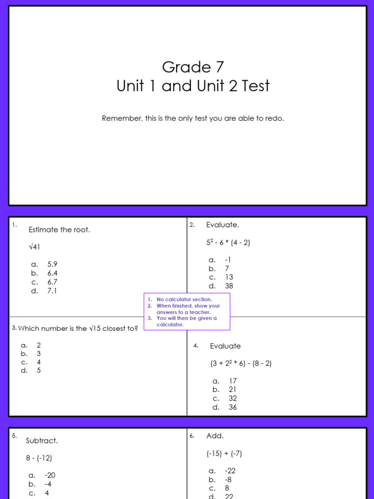 Grade 7 Math Unit 1 & 2 Test Questions | PDF | Numbers | Rational Number