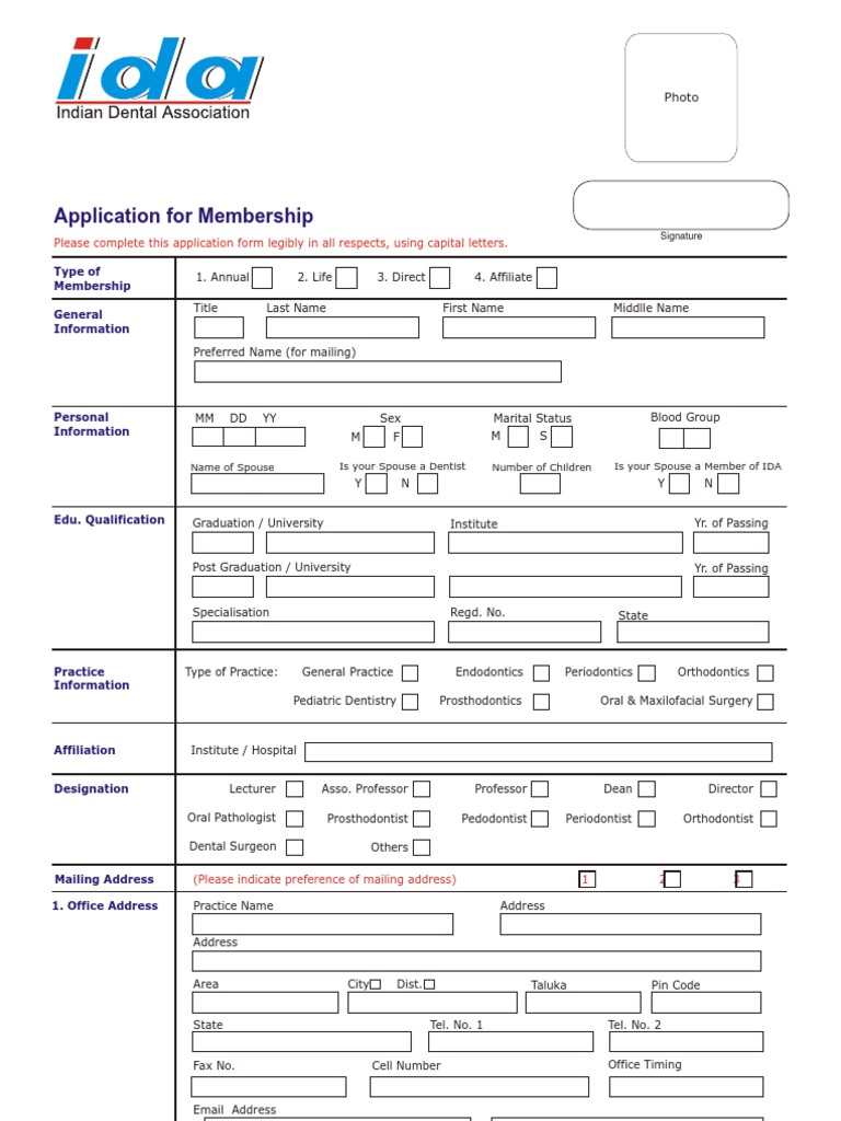 IDA Membership Form Orthodontics Dentistry