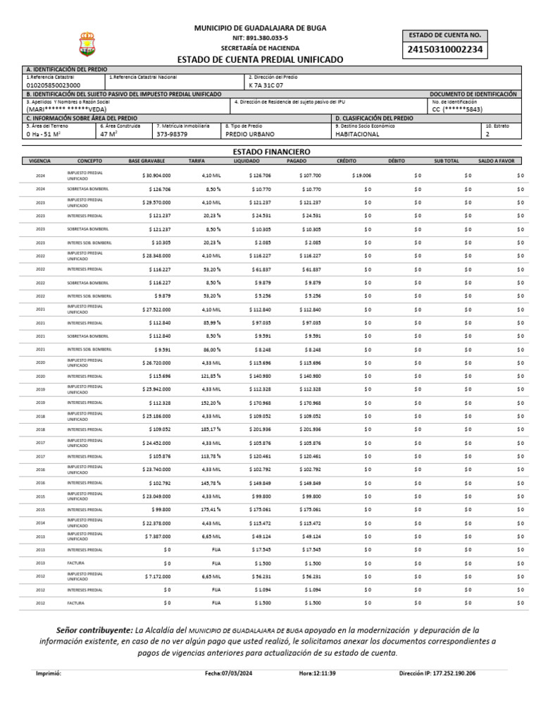 Recibo de Pago Impuesto Predial Buga | PDF | Finanzas del gobierno ...