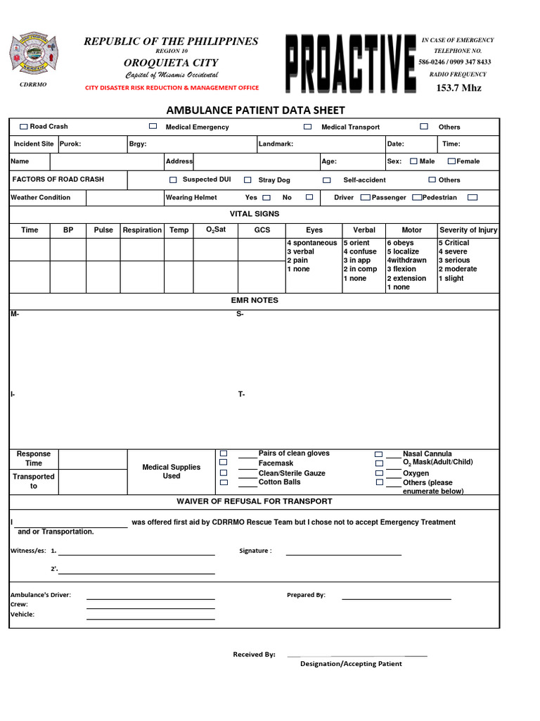 Ambulance Patient Data Sheet Template | PDF | Medicine | Clinical Medicine