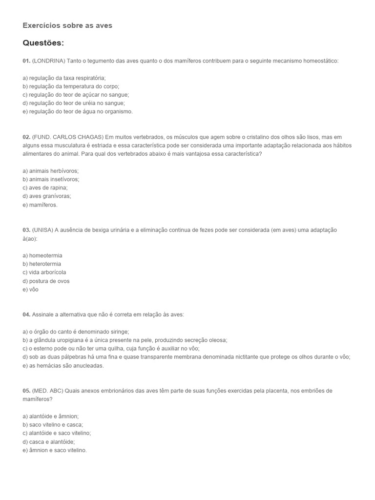 Exercícios e Respostas sobre Aves | PDF | Aves | Mamíferos