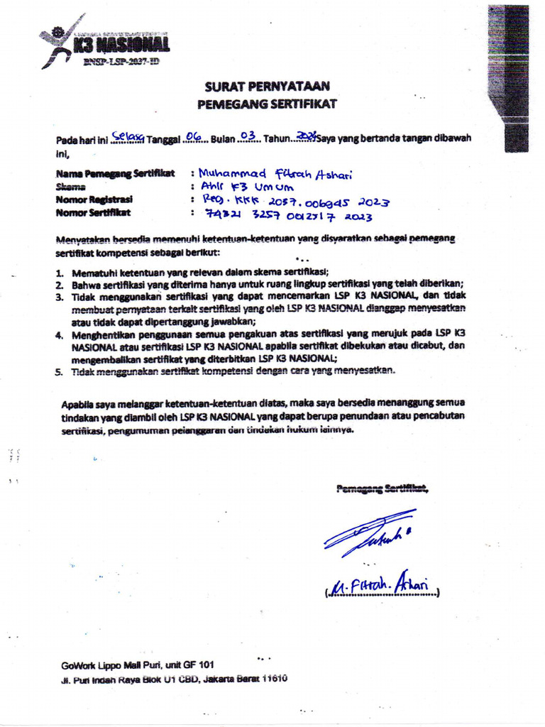 Surat Pernyataan Pemegang Sertifikat | PDF