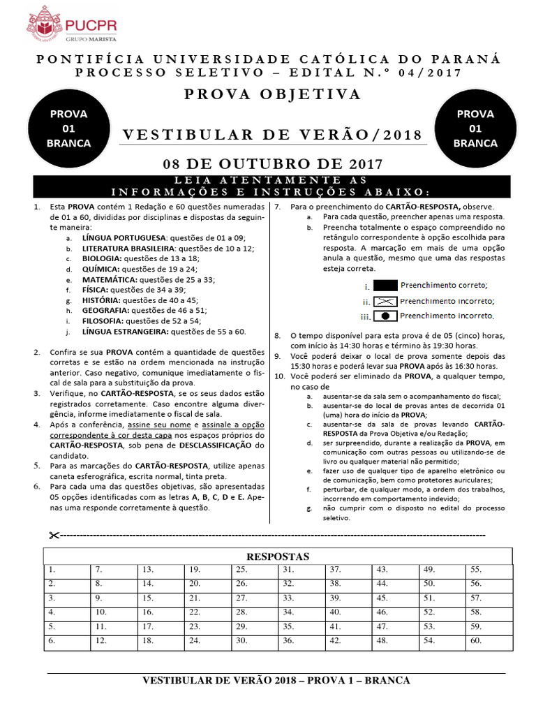 Prova Objetiva Vestibular PUC-PR 2018 | PDF | Sal (Química) | Cloro