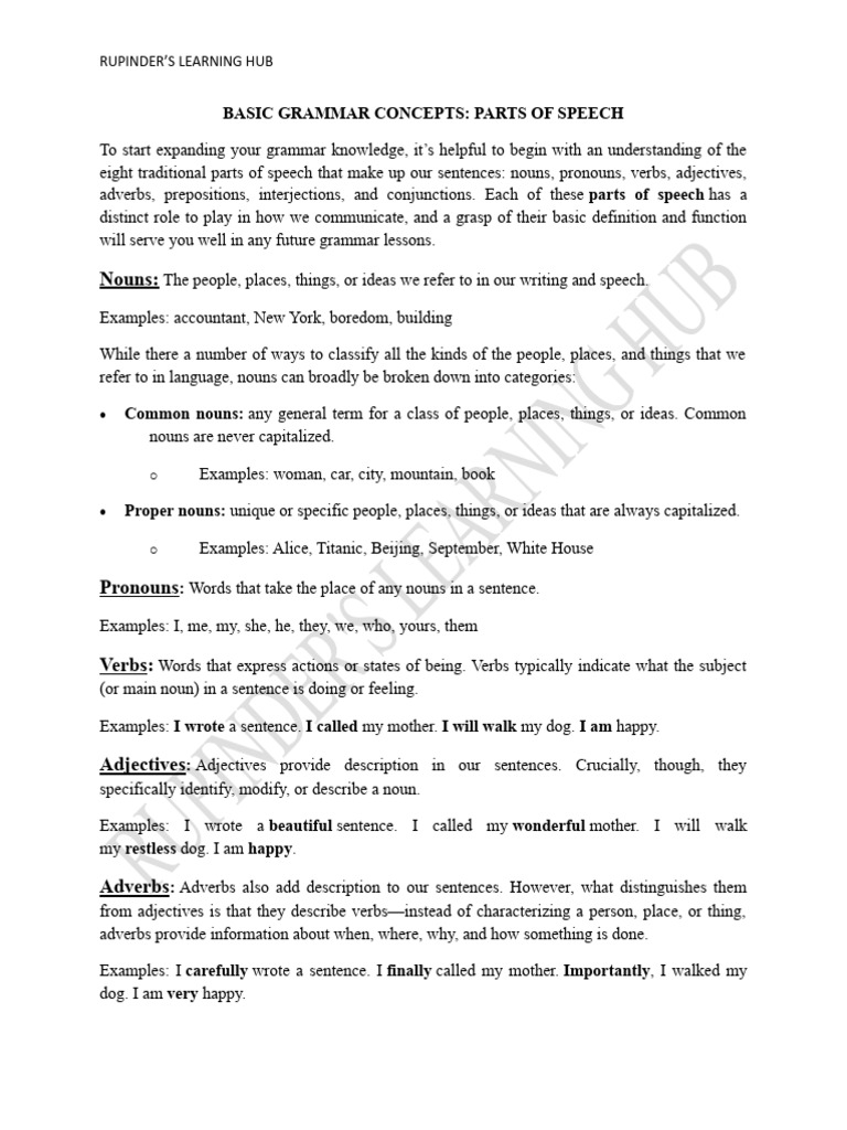 Basic Grammar: Parts of Speech Explained | PDF | Part Of Speech | Noun