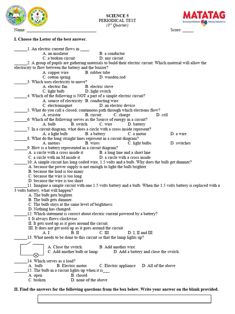 5th Grade Science Periodical Test | PDF | Electricity | Electric Current
