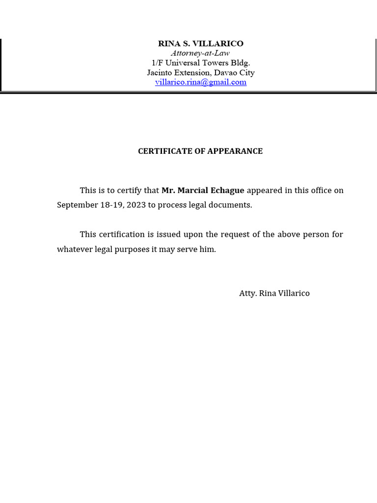 Cert of Appearance Template PDF