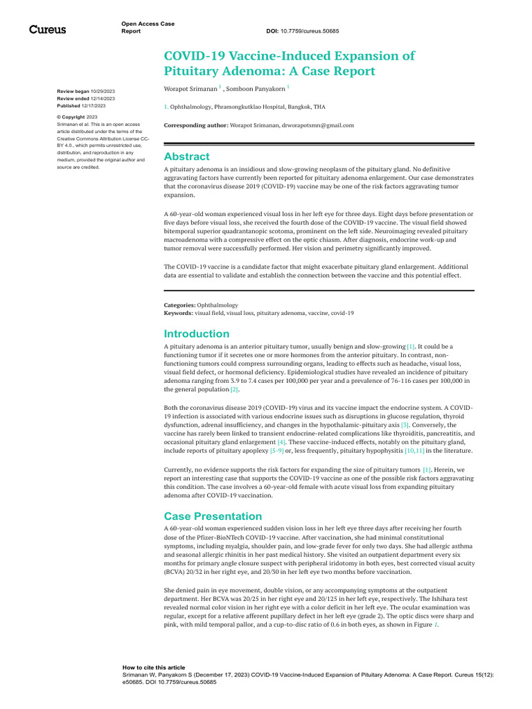 Covid 19 Vaccine Induced Expansion of Pituitary Adenoma A Case Report ...