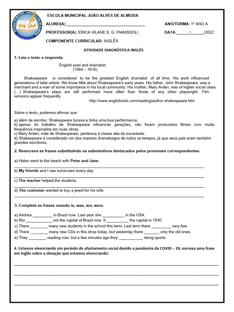 Atividade de Diagnóstica 1º Ano a Ensino Médio Inglês | PDF