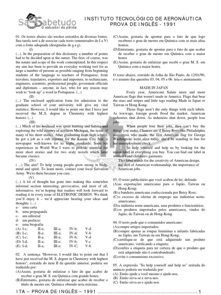 English Exam for ITA 1991 | PDF | Language Arts & Discipline