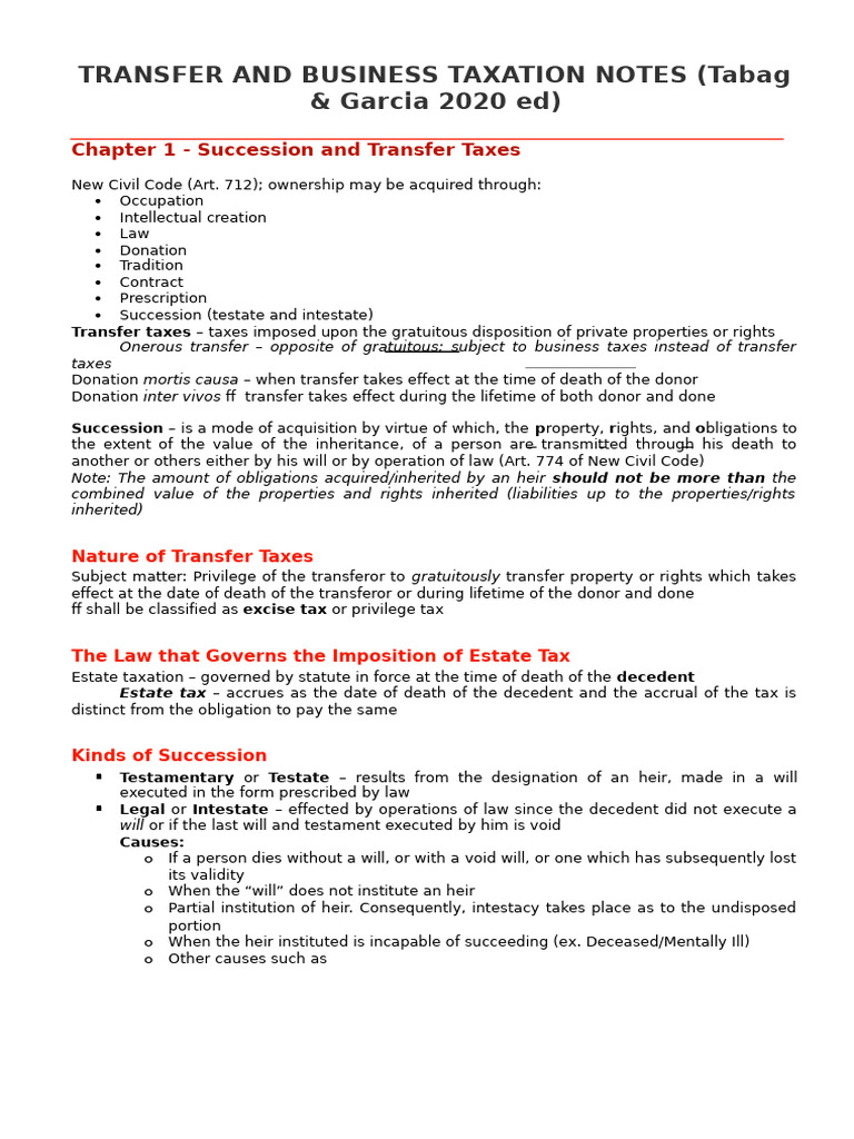 Transfer and Business Taxation Overview | PDF | Will And Testament ...