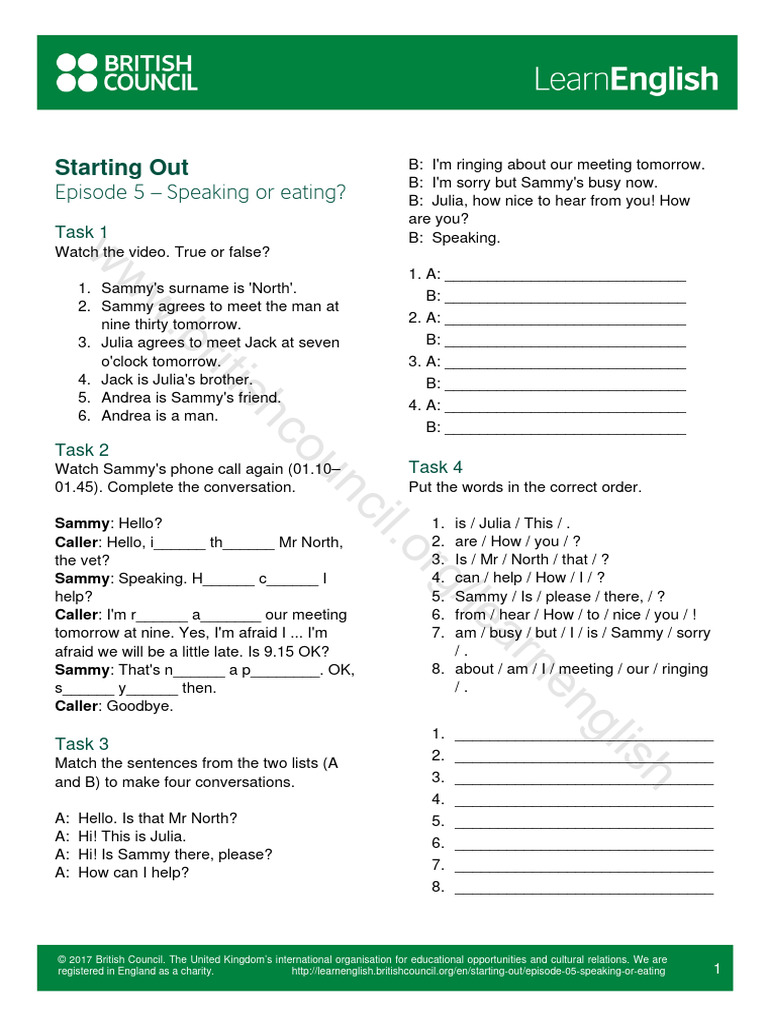 LearnEnglish Starting Out Episode 05 Support Pack | PDF