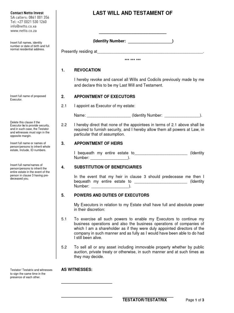 South Africa Last Will Template Guide | PDF | Will And Testament ...