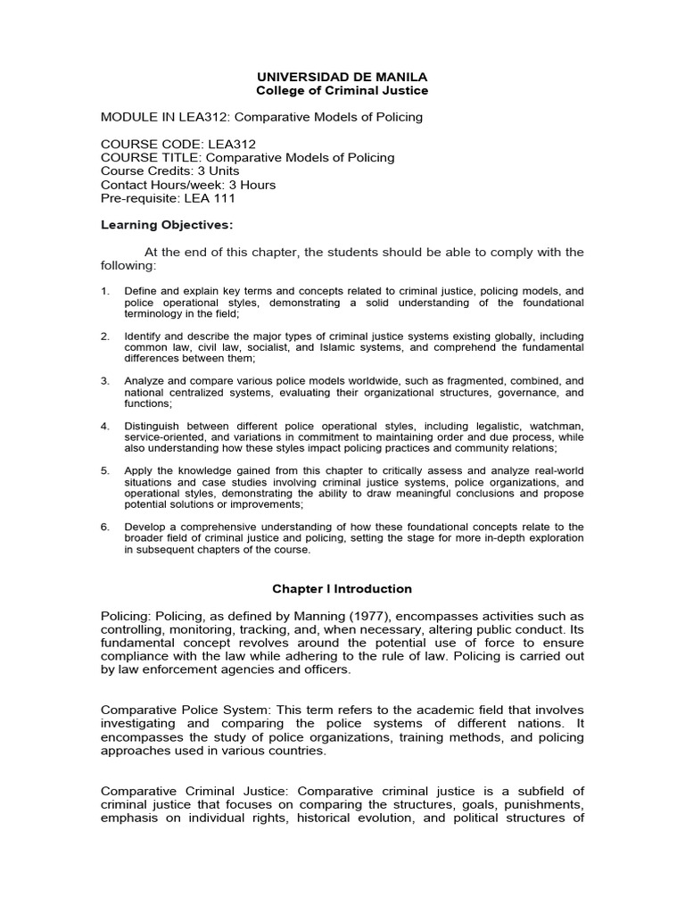 Comparative Models In Policing Module 1 Preliminary Reviewer Pdf