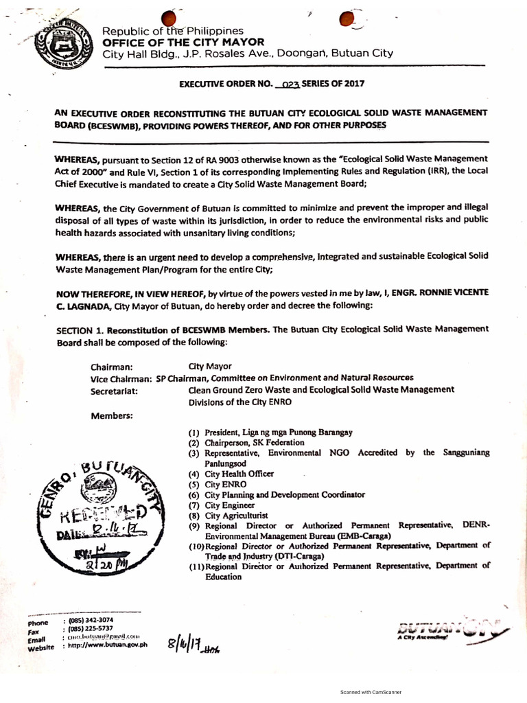 EO No. 023 - 2017-Reconstitution of Butuan City ESWM Board | PDF