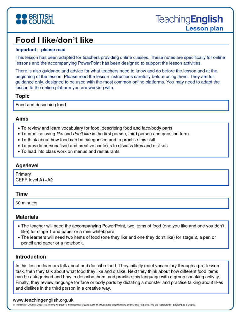 Online Lesson Plan: Food Preferences | PDF | Menu | Learning