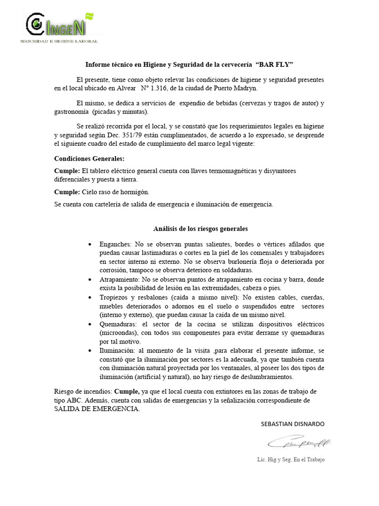 Informe de Higiene y Seguridad en Bar Fly | PDF | Hogar, jardinería y ...