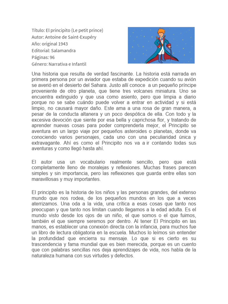 Ejemplo de Reseñas | Descargar gratis PDF | El Principito | Pinocho