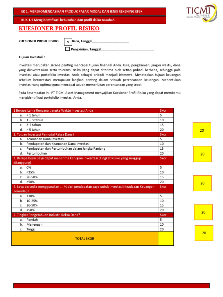 Kuesioner Profil Risiko Investasi | PDF