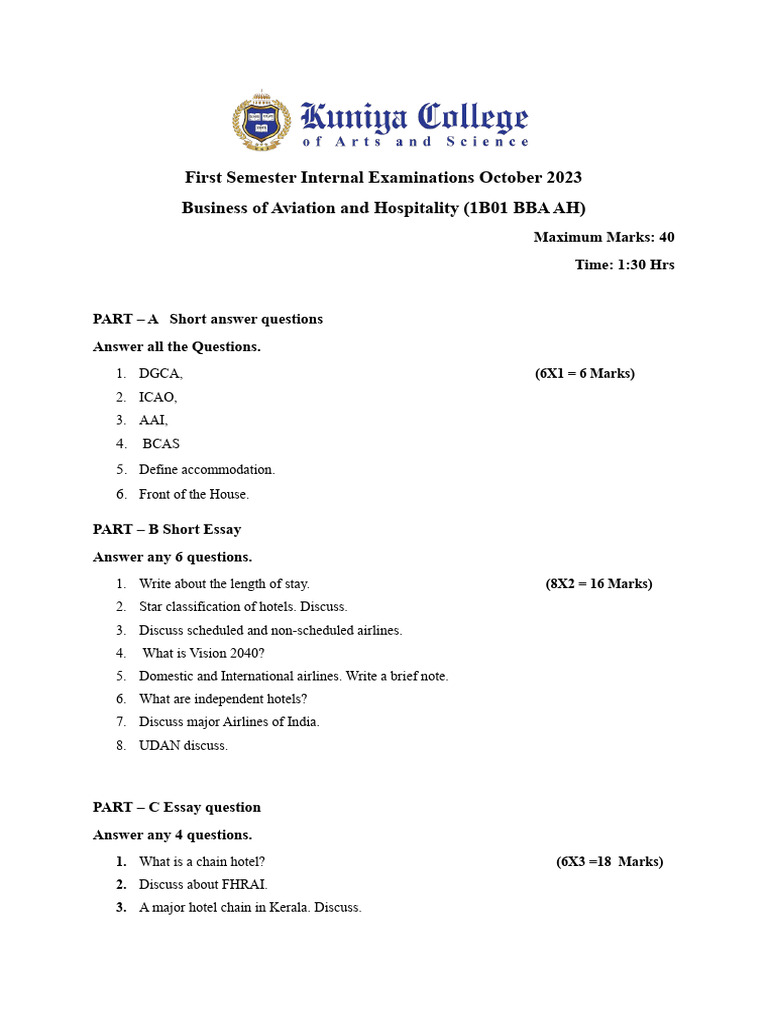 Aviation and Hospitality Exam Paper | PDF | Teaching Methods ...