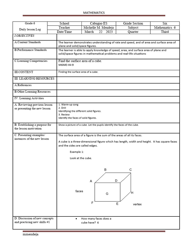 Grade 6 Math: Surface Area of Cubes | PDF | Learning | Area