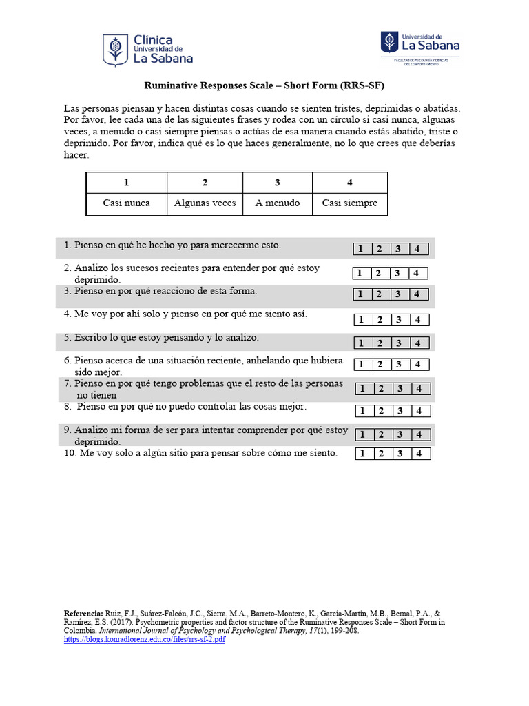 Ruminative Responses Scale - Short Form (RRS-SF) | Descargar gratis PDF ...