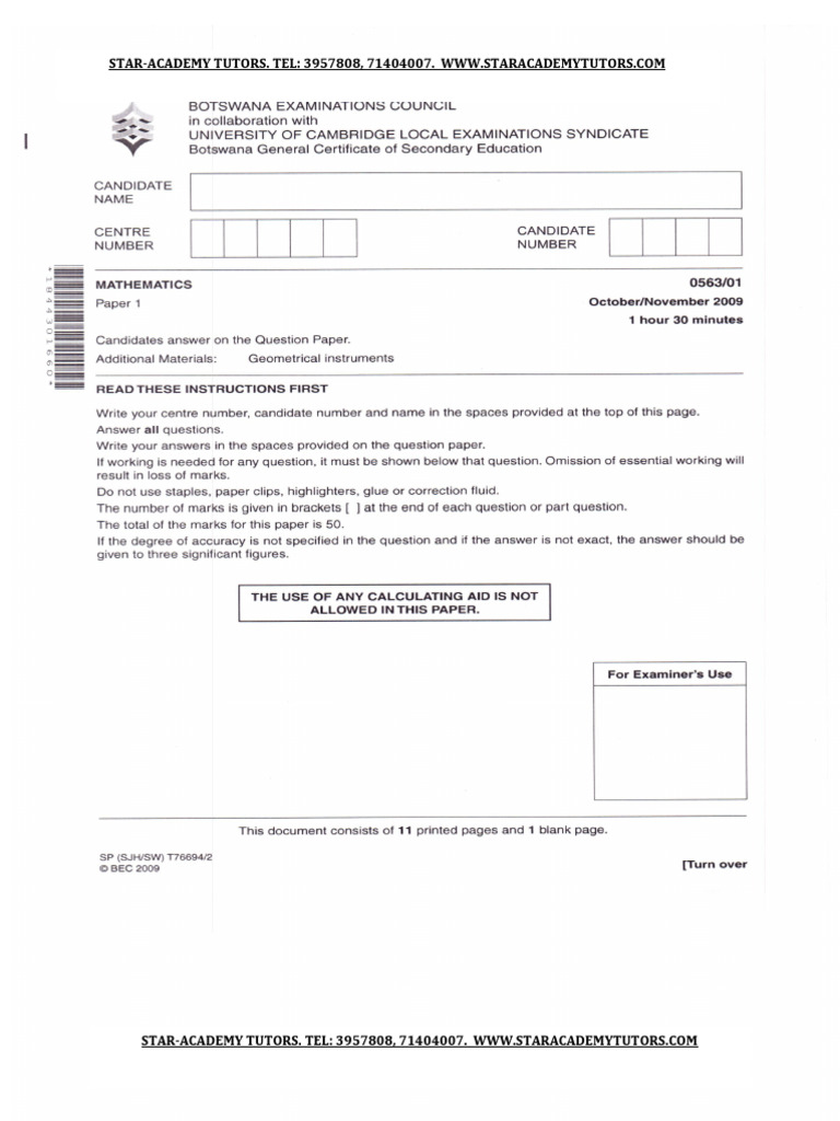 BGCSE Mathematics Paper 1 2009 PDF