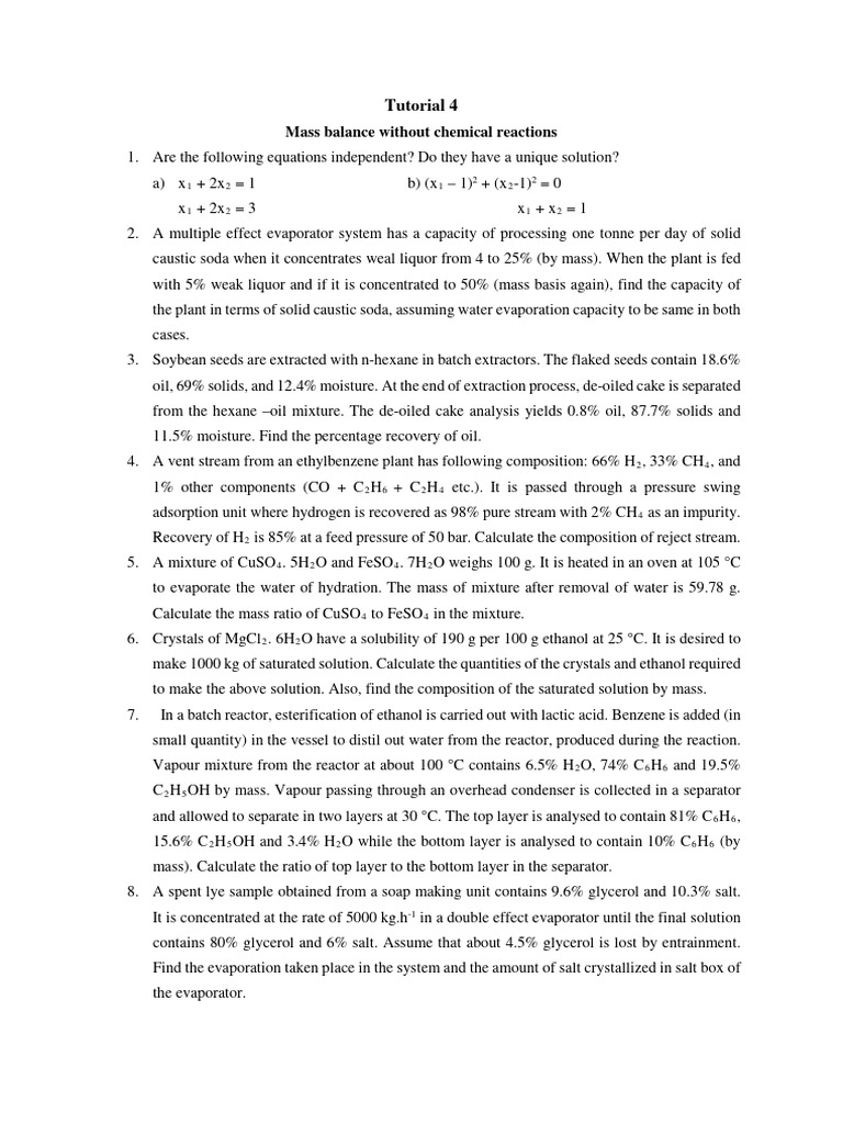 Mass Balance Problems in Chemical Engineering | PDF | Solubility ...