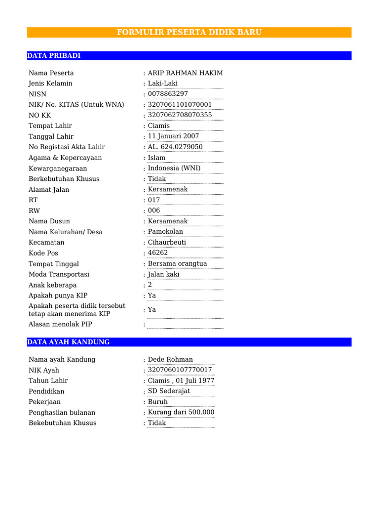 Formulir Peserta Didik Baru Pdf
