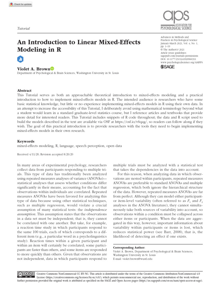 Brown (2021) - An Introduction To Linear Mixed-Effects Modeling in R ...