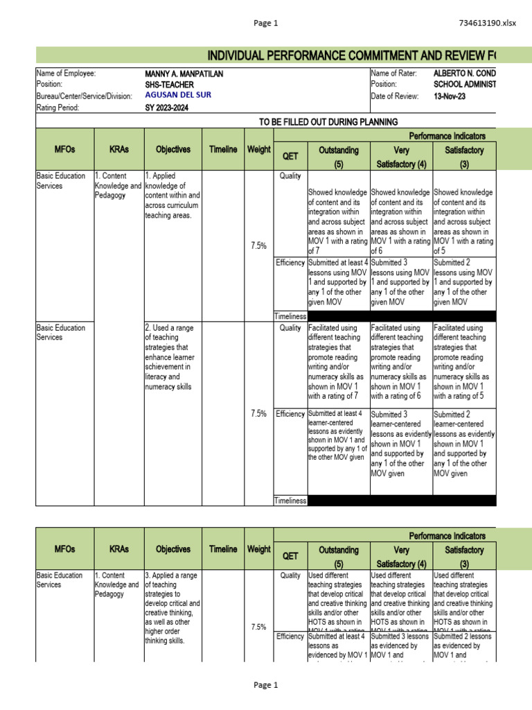 Performance Review Form for SHS Teacher | PDF | Educational Technology ...