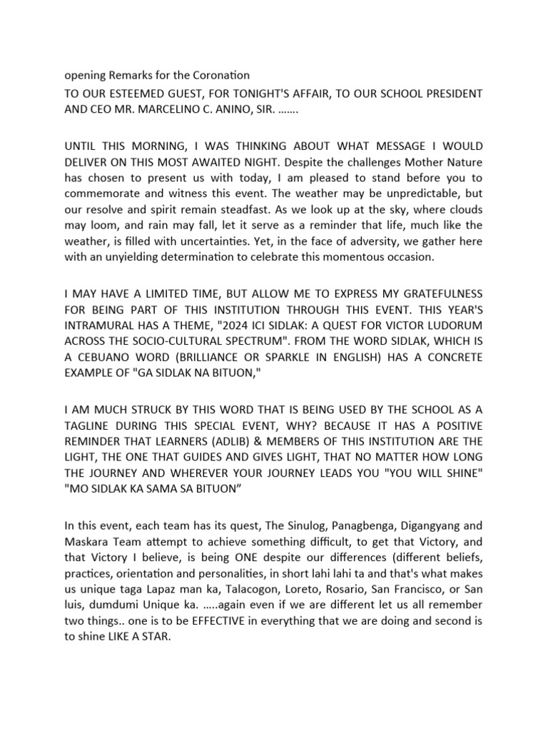 Opening Remarks for Coronation Night | PDF | Travel | Religion ...