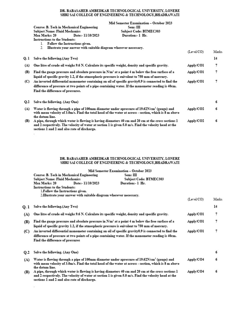 Fluid Mechanics ME 3rd Sem | PDF | Pressure | Pressure Measurement