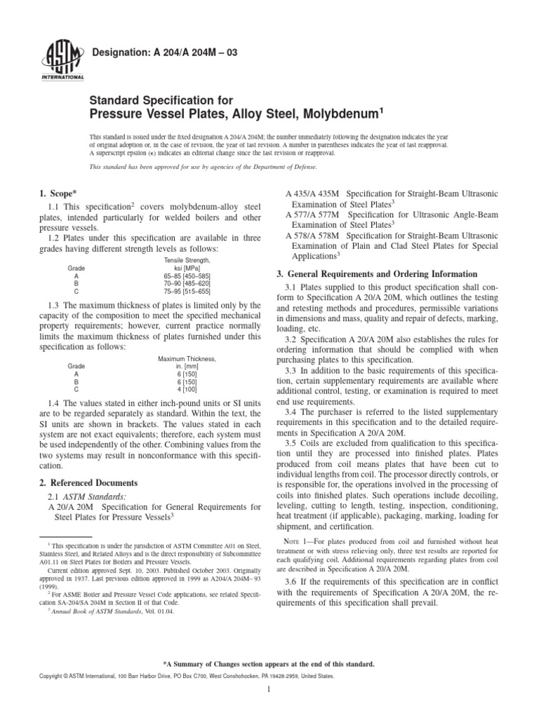 ASTM A 204/A 204M Standard for Alloy Steel Plates | PDF | Strength Of ...