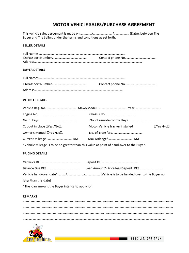 Motor Vehicle Sale Agreement Kenya Sample 00 Download Free PDF Fuel