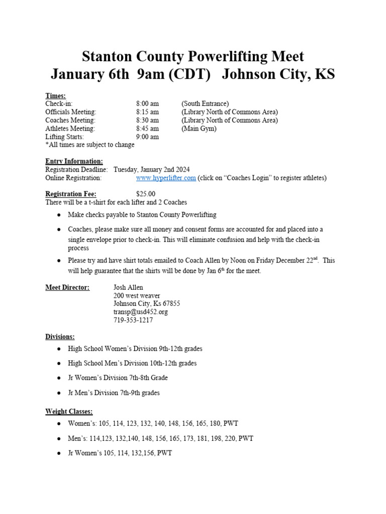 Stanton County Powerlifting Meet 2024 PDF Lift (Force) Weight Training
