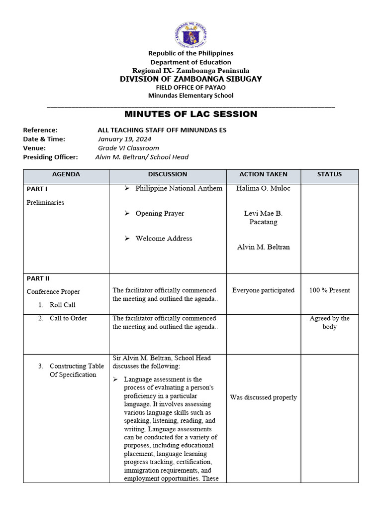 Minutes of Language Assessment Session | PDF | Educational Assessment ...