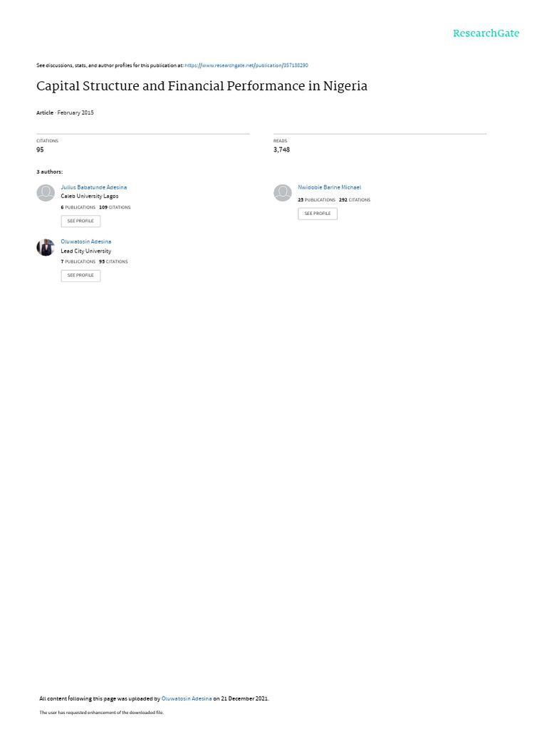 Capital Structure and Financial Performance in Nigeria PDF Capital