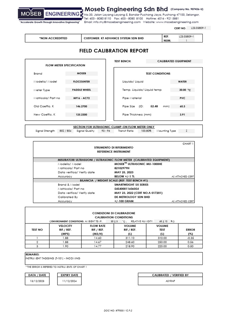 Flow Meter Calibration Report L23.03809-1 | PDF | Flow Measurement ...