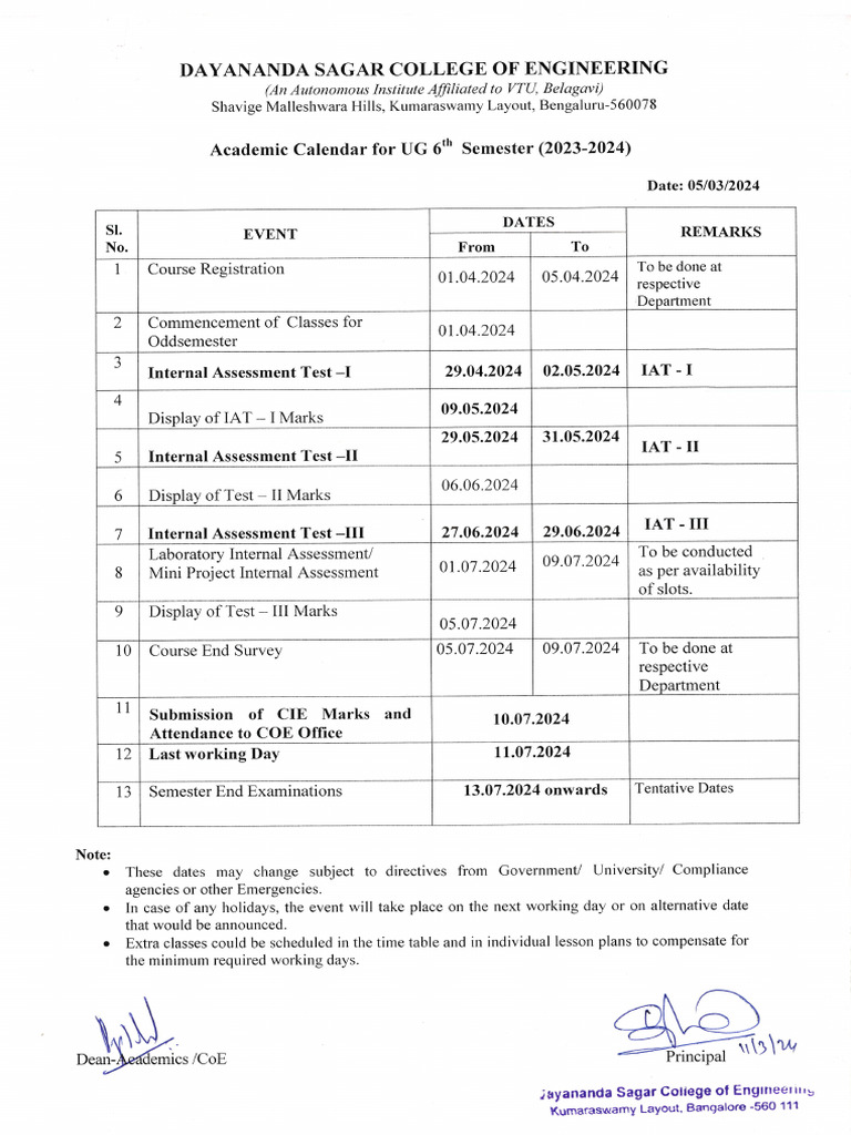 Calendar of Events - 6th Sem - 2023-24 - Even-Signed | PDF ...
