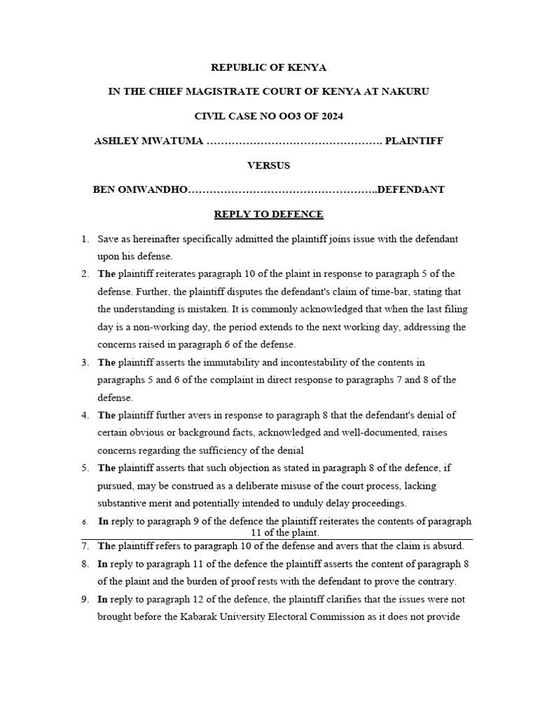 Reply to Defence in Civil Case 003/2024 | PDF | Lawsuit | Separation Of ...