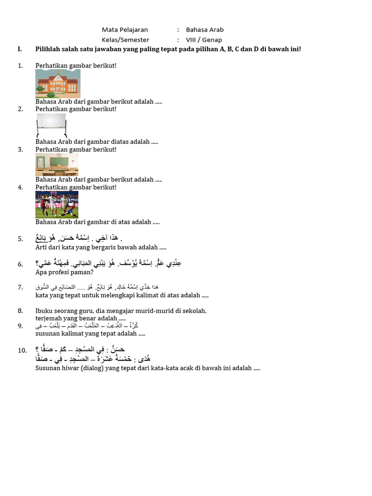 Soal Bahasa Arab Kelas 8 Semester Genap | PDF