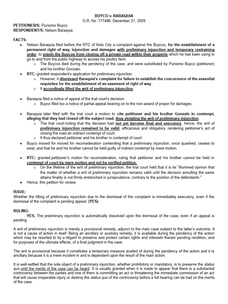 Automatic Dissolution of Preliminary Injuction - BUYCO v. BARAQUIA ...
