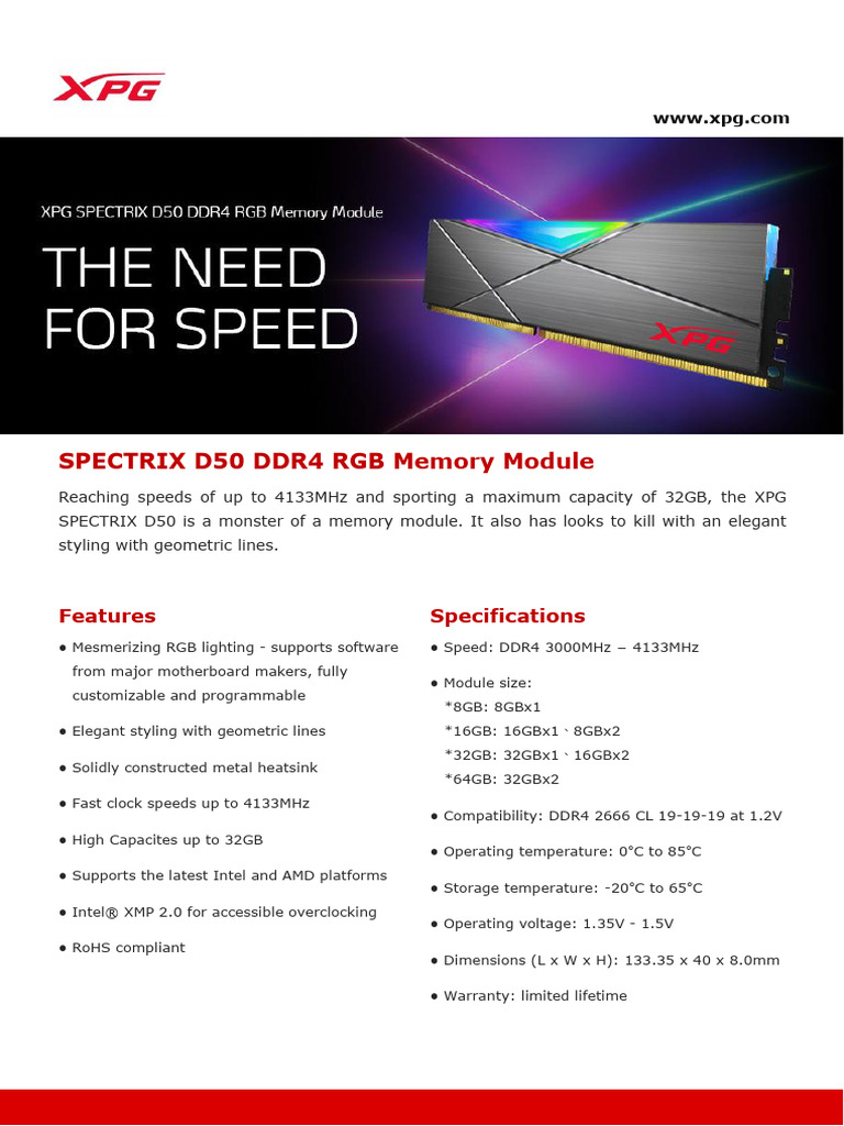 Datasheet XPG Spectrix d50 ddr4 RGB Dram 20210517 | PDF | Integrated ...